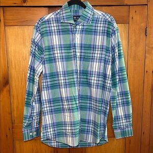 Men's Plaid Button-Down Shirt in Blue and Green, 100% Cotton